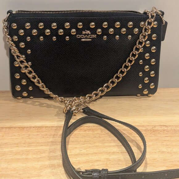 Coach Leather Slim Crossbody Bag with Gold Studs and Hardware-Midnight - Picture 1 of 8